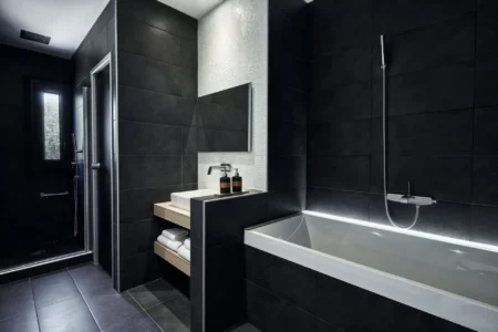 Alpha Homes Corfu Real Estate Viros Villa black marble bathroom